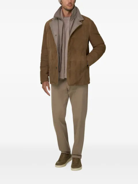 Boggi Milano jacket padded with goose down, removable genuine leather mélange flannel bib