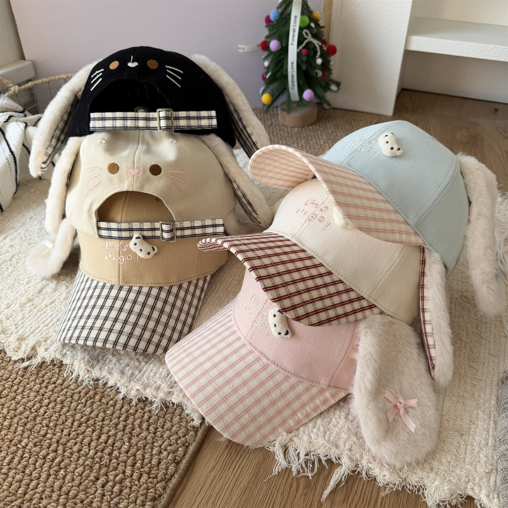 Cute Fluffy Bunny Ear Reversible Plaid Baseball Cap For Girls