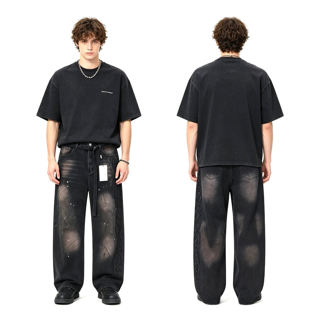 Valley Dreams Black Washed Splatter Wide-Leg Jeans