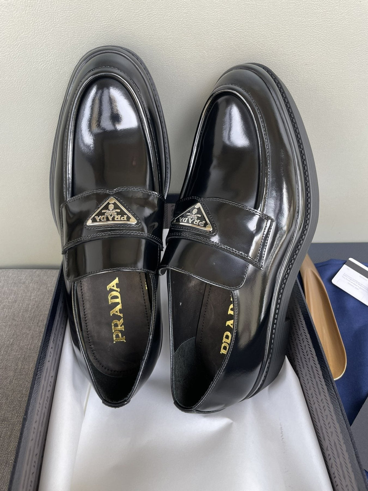 Prada Men's Black Glossy Plaque Loafers