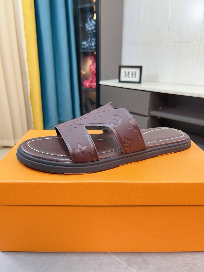 Louis Vuitton Men's Embossed Strap Slide Sandals - Open-Toe Slip-On Design