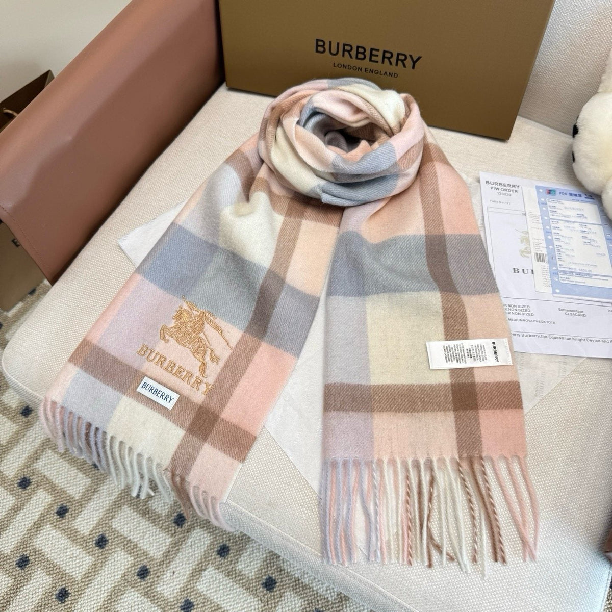 Burberry Cream Taupe Check Fringed Scarf